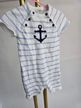 Janie and Jack White & Light Blue Striped Knit Romper with Navy Anchor Nautical